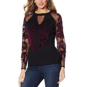 NWT COLLEEN LOPEZ VELVET EMBROIDERED SHEER SLEEVE KNIT TOP (S)